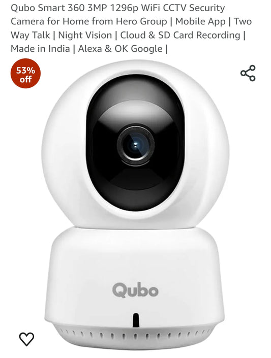 Qubo Smart 360 3MP 1296p WiFi CCTV Security Camera